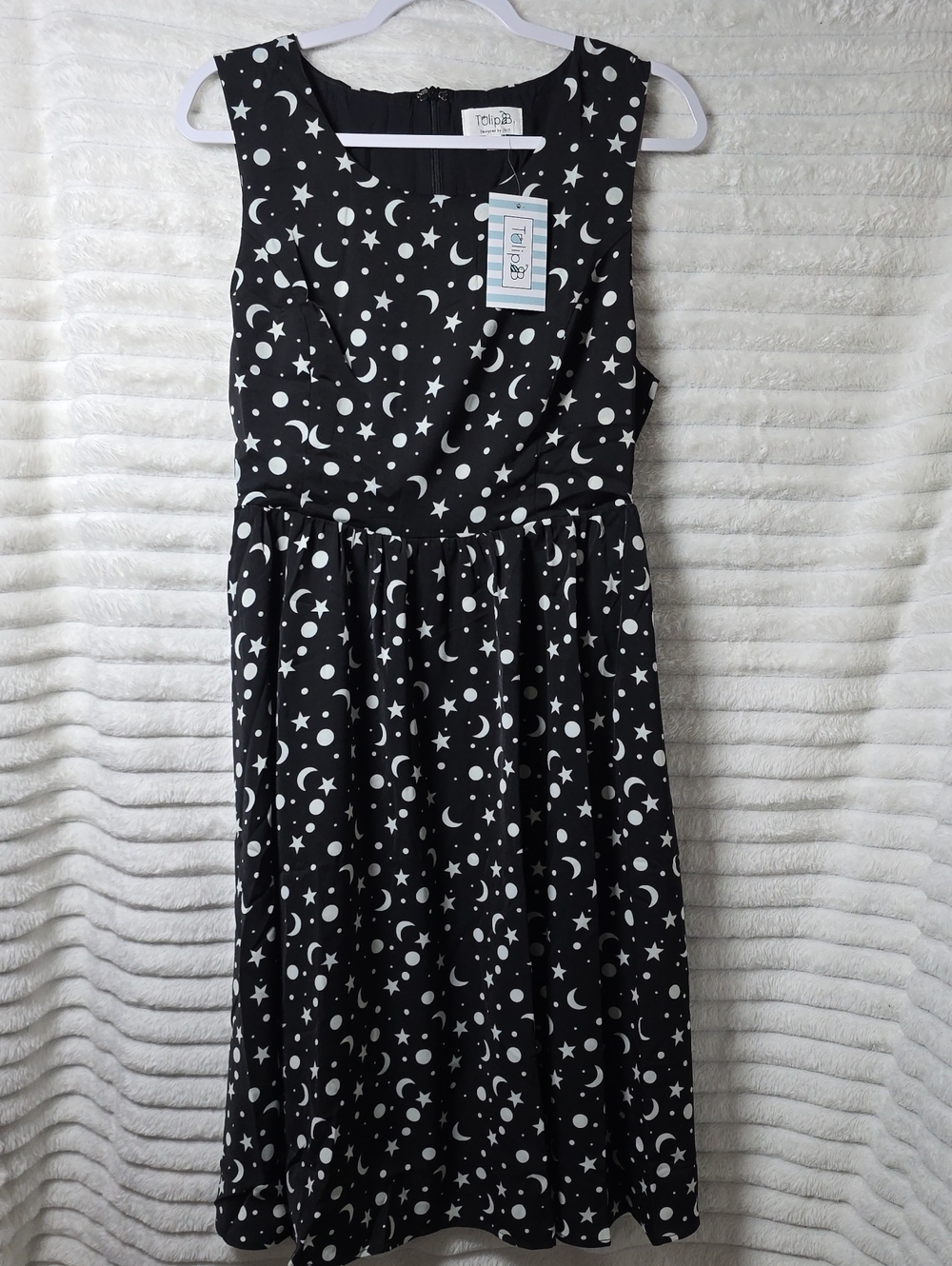 0593 Tulip B Sleeveless Black Moon & Stars Dress With Pockets